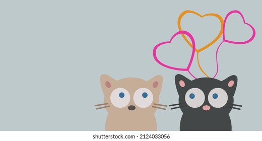 Hand drawn Valentines day card with cute cats with hearts, space for text. Meow you. Isolated on bright blue background. Design concept for kids card.