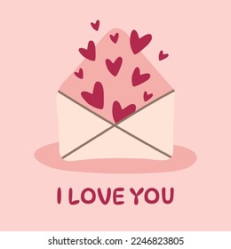 Hand drawn valentines day card with envelope full of hearts. I love text. Festive card,poster or print