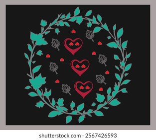 Hand- drawn Valentine's day card, pattern with dahlias, heart - shaped label with floral frame and ribbon
