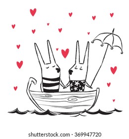 Hand Drawn Valentine's Day card with cute rabbits on a lake and red hearts