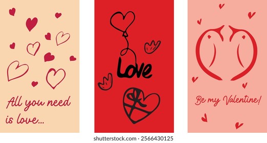 Hand drawn Valentine's Day cards. Be my valentine, All you need is love, Love, With Love. Artistic greeting cards with hearts. Modern calligraphy, lettering