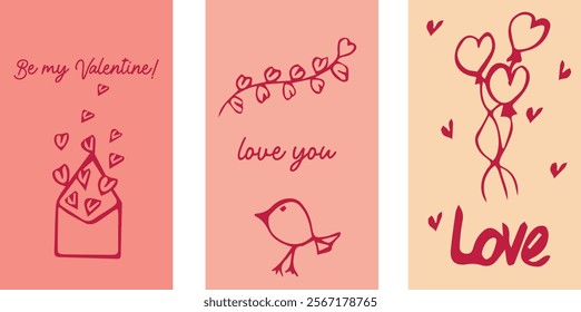 Hand drawn Valentine's Day cards. Love you, Love, Be my valentine. Artistic greeting cards with hearts. Modern calligraphy, lettering