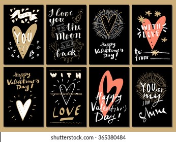 Hand drawn Valentine's Day cards. For You, I Love You to The Moon and Back, You Are Awesome, You Are My Sunshine, With Love.  Modern calligraphy, hand lettering