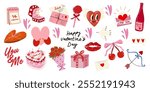 Hand drawn Valentines day cartoon sticker set. Collection of scrapbooking design elements for Valentine