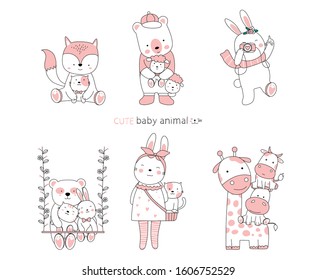 Hand drawn Valentines day. Cartoon sketch the cute posture baby animals