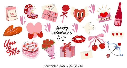 Handgezeichnete Valentinstag Cartoon Aufkleber Set. Kollektion von Scrapbooking Designelementen für den Valentinstag. Februar lieben Urlaub. Romantische Vektorelemente, Hochzeits- und Liebeskonzept