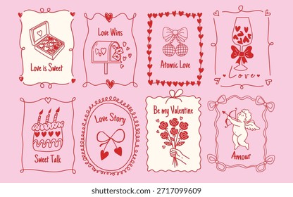 Cartaz e conjunto de cartões de Dia dos Namorados desenhados à mão - Modelos românticos de saudação de celebração, Banners de amor bonito e Vetores de design de Namorados felizes.