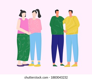Hand drawn valentine's day couple. valentine's day on greeting vector card with hugging trendy people.