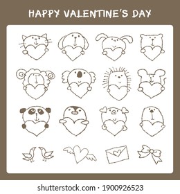 Hand drawn valentine's day cute animals and hearts set (cat, dog, rabbit, bear, sheep, koala bear, porcupine, mouse, panda bear, penguin, pig, sea otter, bird, heart, letter, ribbon) 