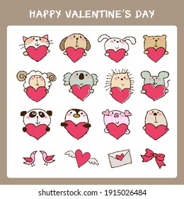 Hand drawn valentine's day cute animals and hearts set (cat, dog, rabbit, bear, sheep, koala bear, porcupine, mouse, panda bear, penguin, pig, sea otter, bird, heart, letter, ribbon) 