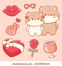 Hand drawn valentine's day element with couple cat cute kawaii collection