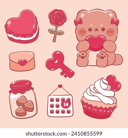 Hand drawn valentine's day element with teddy bear cute kawaii collection