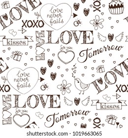 Hand drawn Valentines Day elements seamless pattern