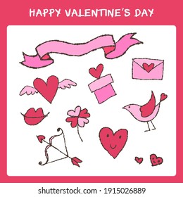 Hand drawn valentine's day elements set (Hearts, Birds, Ribbons, Present, Letter, bow and arrow, clover, lips)