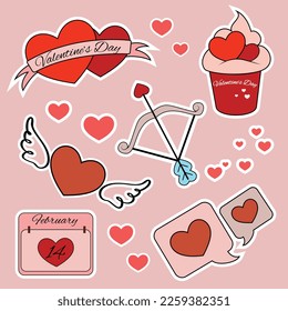Hand drawn valentines day elements. Cute and pink elements isolated on white. Design set for Valentine's Day for stikers and Valentine's Day cards.