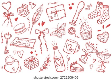 Hand drawn Valentines Day elements Collection. Vintage vector doodle illustrations Set. Cute hearts, ribbon, cake, sweets, love letter, bows, key, gift, stamp