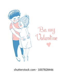Hand drawn Valentine's Day greeting card. Cute couple hugs