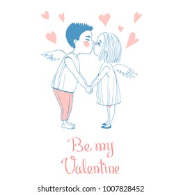 Hand drawn Valentine's Day greeting card. Cute couple kissing