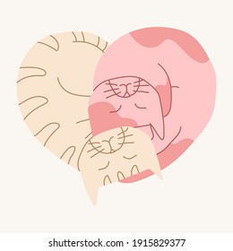 Hand drawn Valentine's Day greeting, invitation card with cat in modern, trendy colors.
