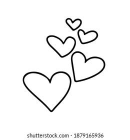 Hand drawn Valentines day hearts in doodle style isolated on white background. Vector outline illustration. Design for greeting card, banner, web, sticker, coloring book