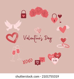 Hand drawn Valentine's Day icon set with beige background
