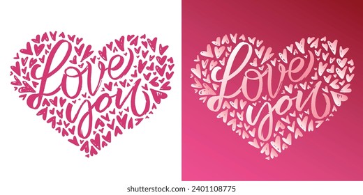 Hand drawn Valentines Day lettering typography text, badge,icon. Celebration poster, card, postcard, invitation, banner. Romantic quote vector lettering typography. Holiday calligraphy with hearts.