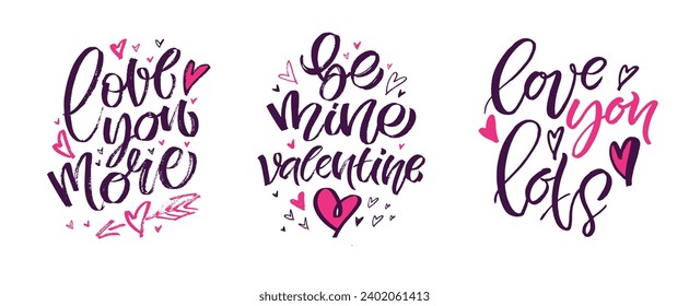 Hand drawn Valentines Day lettering typography text, badge,icon. Celebration poster, card, postcard, invitation, banner. Romantic quote vector lettering typography. Holiday calligraphy with hearts.