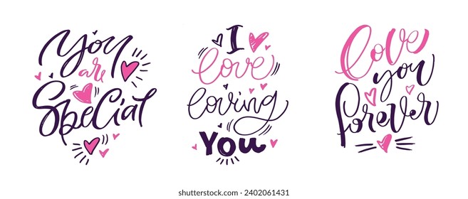 Hand drawn Valentines Day lettering typography text, badge,icon. Celebration poster, card, postcard, invitation, banner. Romantic quote vector lettering typography. Holiday calligraphy with hearts.