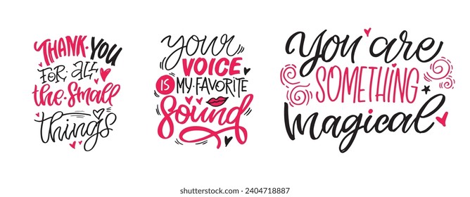 Hand drawn Valentines Day lettering typography text, badge,icon. Celebration poster, card, postcard, invitation, banner. Romantic quote vector lettering typography. Holiday calligraphy with hearts.