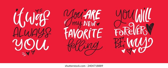 Hand drawn Valentines Day lettering typography text, badge,icon. Celebration poster, card, postcard, invitation, banner. Romantic quote vector lettering typography. Holiday calligraphy with hearts.