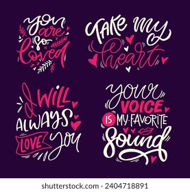 Hand drawn Valentines Day lettering typography text, badge,icon. Celebration poster, card, postcard, invitation, banner. Romantic quote vector lettering typography. Holiday calligraphy with hearts.