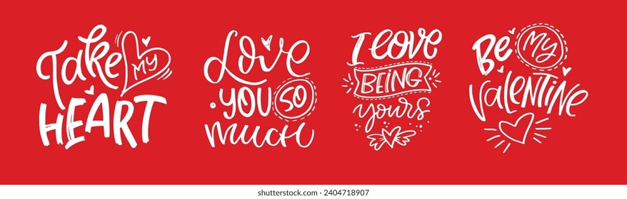 Hand drawn Valentines Day lettering typography text, badge,icon. Celebration poster, card, postcard, invitation, banner. Romantic quote vector lettering typography. Holiday calligraphy with hearts.