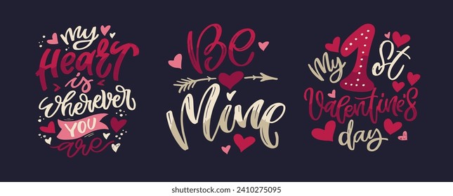 Hand drawn Valentines Day lettering Celebration poster, card, postcard, invitation, banner. Romantic quote vector lettering typography. Holiday calligraphy with hearts. 100% vector file