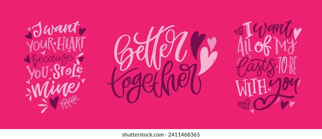 Hand drawn Valentines Day lettering Celebration poster, card, postcard, invitation, banner. Romantic quote vector lettering typography. Holiday calligraphy with hearts. 100% vector file