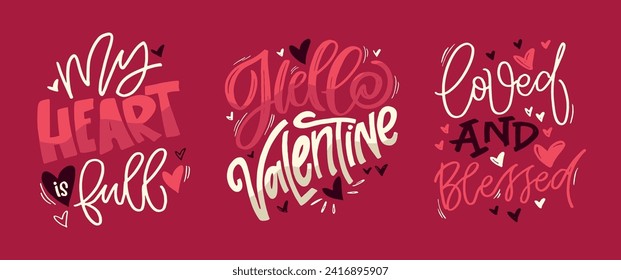 Cartel de la celebración del Día de San Valentín, tarjeta, postal, invitación, pancarta. Tipografía de letras vectoriales de cita romántica. Caligrafía de vacaciones con corazones. archivo vectorial 100%