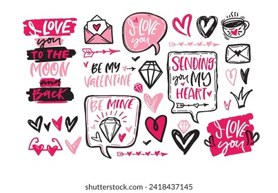 Hand drawn Valentines Day lettering Celebration poster, card, postcard, invitation, banner. Romantic quote vector lettering typography. Holiday calligraphy with hearts. 100% vector file