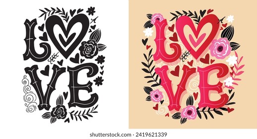 Hand drawn Valentines Day lettering Celebration poster, card, postcard, invitation, banner. Romantic quote vector lettering typography. Holiday calligraphy with hearts. 100% vector file