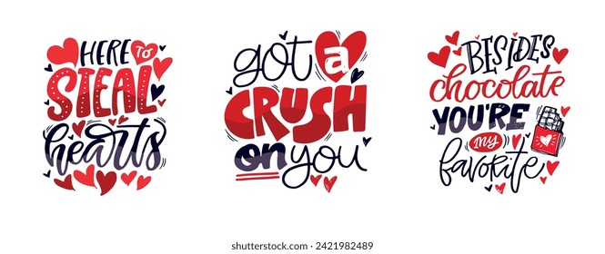 Hand drawn Valentines Day lettering Celebration poster, card, postcard, invitation, banner. Romantic quote vector lettering typography. Holiday calligraphy with hearts. 100% vector file