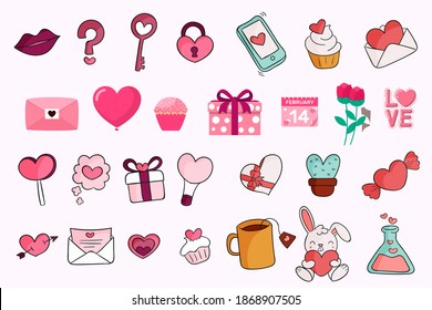 Hand drawn Valentine's Day love concept objects. Cute and pink elements isolated on white background. vector illustration.