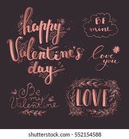 Hand drawn Valentine's Day and love lettering collection. Vector illustration. Rose gold color