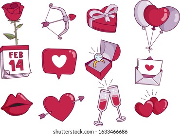 Hand drawn Valentine's Day objects with massage. Cute and pink elements isolated designs. EPS 10 vector illustration.
