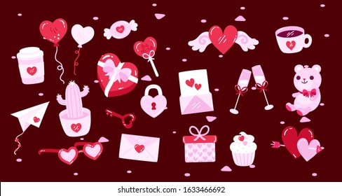Hand drawn Valentine's Day objects with massage. Cute and pink elements isolated designs. EPS 10 vector illustration.