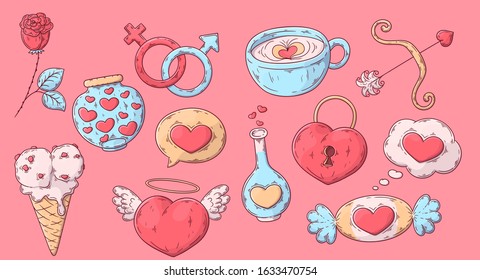 Hand drawn Valentine's Day objects with massage. Cute and pink elements isolated sweets designs. vector illustration.