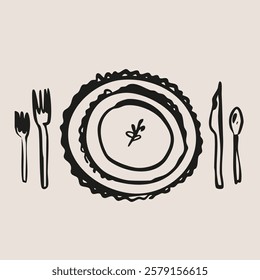 Hand drawn valentine's day plate ceramic table serving illustration wedding party menu design. Restaurant cafe illustration in retro vintage doodle sketch style.