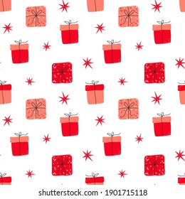 Hand drawn Valentine's Day romantic seamless pattern with cute gift box and stars. Vector illustration for Birthday, Mothers or Valentines day. Design for invitation, poster, card, fabric, textile.