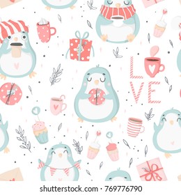 Hand drawn Valentine's Day romantic seamless pattern with cute penguins characters and love signs and symbols. Vector illustration background in pink blue, red and white colors