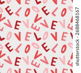 Hand drawn Valentines day seamless pattern with letters in red color with the word LOVE. Vector sketch illustration in vintage crayon charcoal style. Wrapping paper, wallpaper design, print