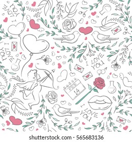 Hand drawn Valentine's Day seamless pattern with sketchy holiday symbols