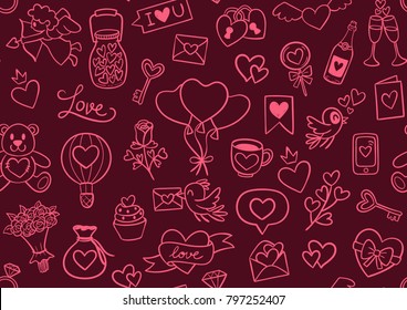 Hand drawn Valentine's Day seamless pattern. Cute pink doodle elements isolated on burgundy background. Vector illustration.