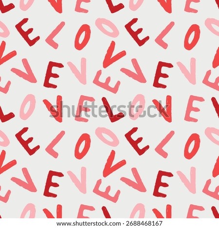 Hand drawn Valentines day seamless pattern with letters in red color with the word LOVE. Vector sketch illustration in vintage crayon charcoal style. Wrapping paper, wallpaper design, print